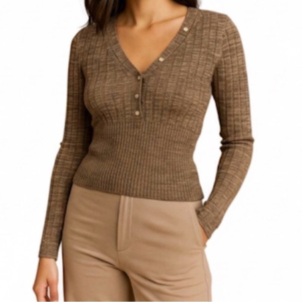 House of Harlow 1960 brown ribbed knit long-sleeve V-neck size small